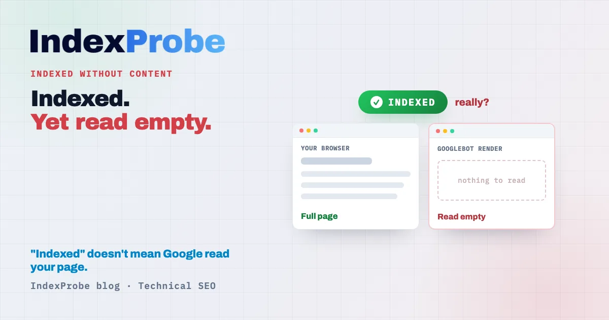 "Indexed without content" in Search Console: the page is in Google's index but its content stays unreadable to Googlebot, so it's invisible in search