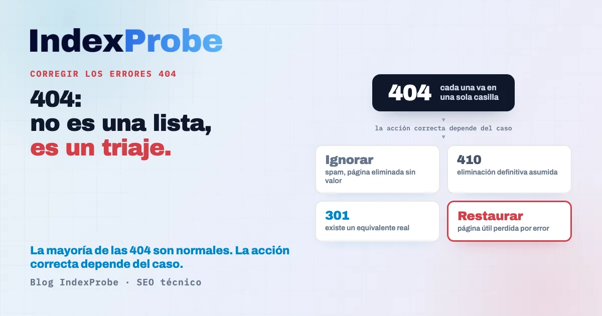 Corregir los errores 404 en Google Search Console: un triaje, no una lista que vaciar; la mayoría de las 404 son normales y lo difícil es aislar las pocas que cuestan