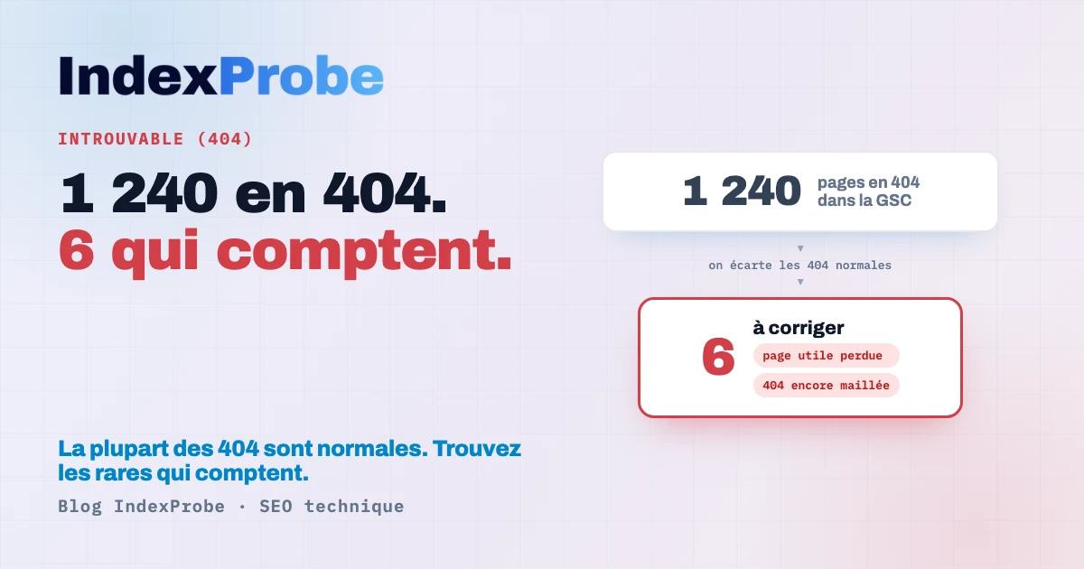 Statut « Introuvable (404) » : la plupart des 404 sont normales ; l'enjeu est d'isoler les rares qui comptent (page utile perdue, 404 encore maillée)