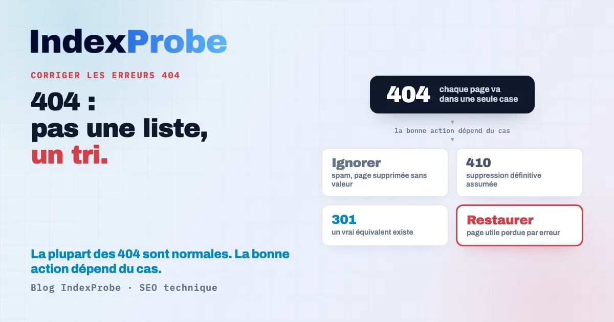 Corriger les erreurs 404 dans la Google Search Console : un tri, pas une liste à vider — la plupart des 404 sont normales, l'enjeu est d'isoler celles qui coûtent